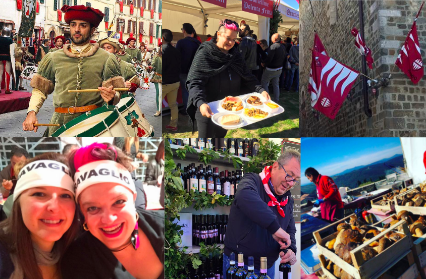 Top Left: A drummer in the parade, Jenna with a tray of food at the food tents, flags decorated each city quadrant. Bottom left: Molly and Jenna with their quadrant's scarves at the evening feast, a man working the wine tent, locals grilling porcini mushrooms.